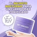 Jarrón de crema reafirmante Get-Dreamy de Maelys en tono lila, con etiqueta frontal que muestra nombre, función y volumen de 200 ml, sostenido sobre mano abierta; fondo con icono de cuerpo tonificado y texto promocional en español.