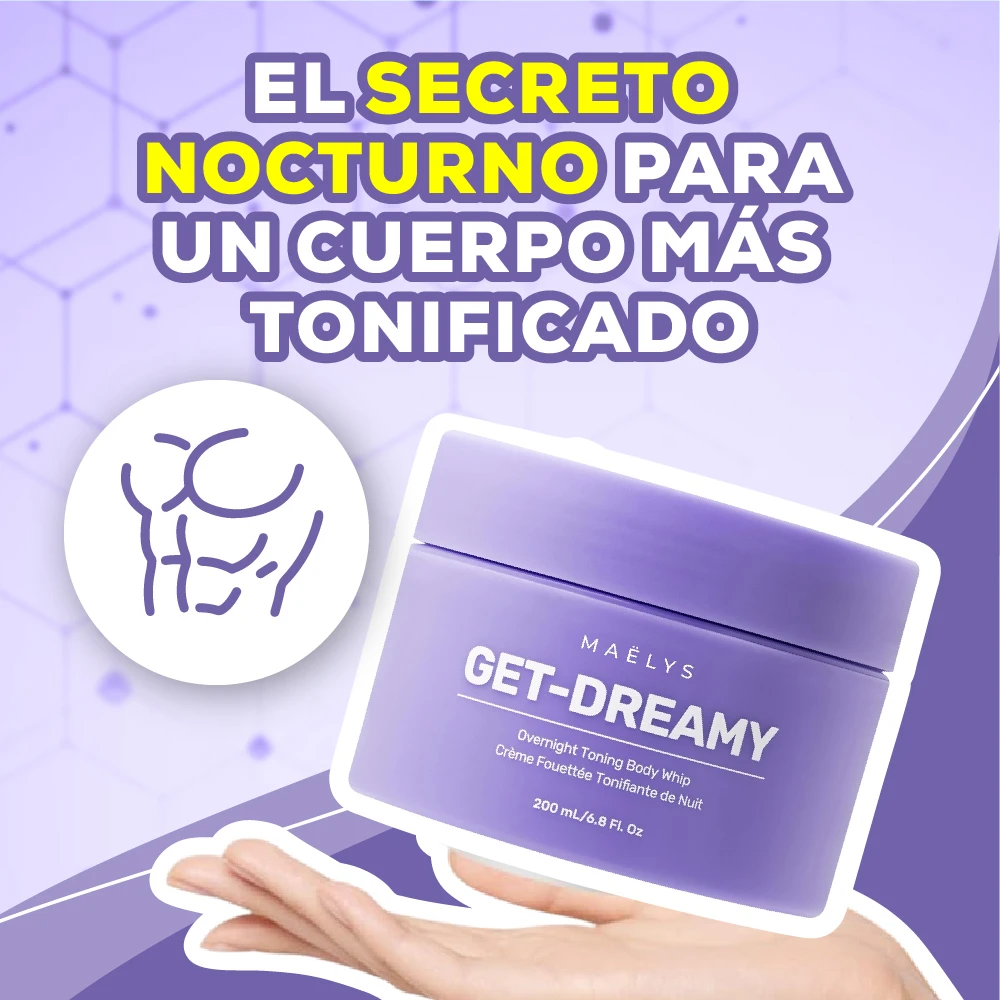 Jarrón de crema reafirmante Get-Dreamy de Maelys en tono lila, con etiqueta frontal que muestra nombre, función y volumen de 200 ml, sostenido sobre mano abierta; fondo con icono de cuerpo tonificado y texto promocional en español.