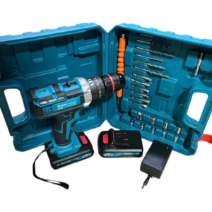 Taladro inalámbrico 36V en estuche azul con accesorios: mandril metálico, brocas, cargador y batería. Ideal para perforar muros y madera.