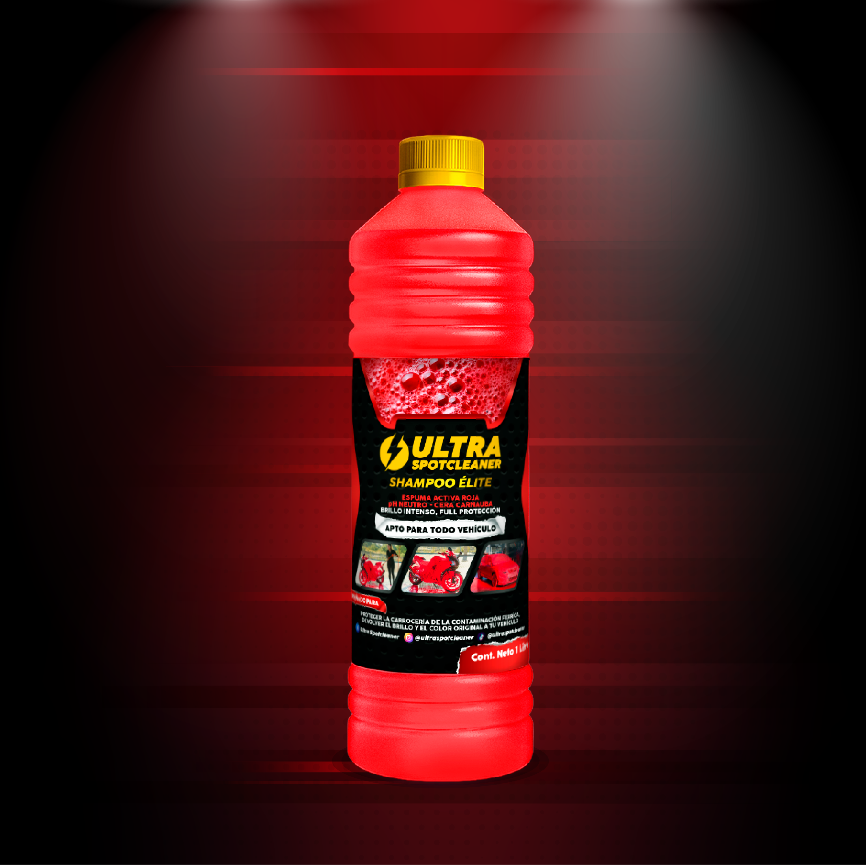 Botella roja con tapa amarilla de Shampoo Élite biodegradable, líquido viscoso con burbujas en etiqueta, diseñado para limpieza y protección de pintura automotriz.
