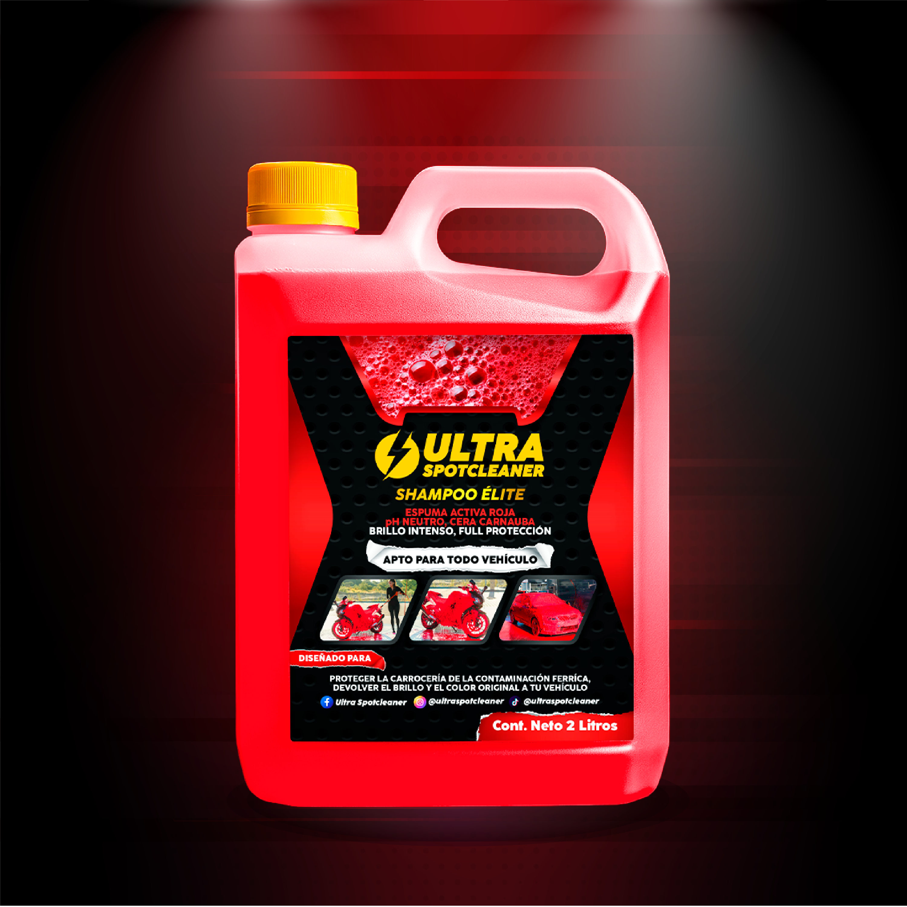 Botella roja de 2 litros de Shampoo Élite biodegradable, con etiqueta negra y detalles en amarillo, diseñada para limpieza y protección de pintura automotriz.