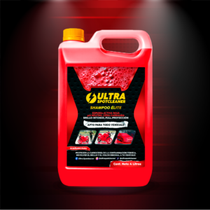 Botella roja de 4 litros de Shampoo Élite Spotcleaner, con etiqueta negra que muestra espuma roja y tres imágenes de autos brillantes, apto para todo vehículo.
