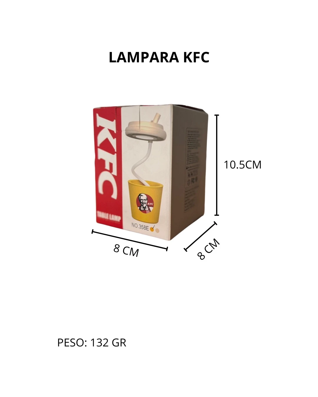 Lámpara nocturna infantil con diseño de vaso KFC, caja de 8 x 8 cm y altura de 10.5 cm, incluye del personaje y medidas visibles.