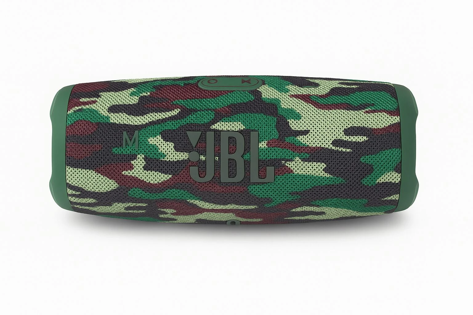 Parlante JBL Chace5 en patrón camuflaje verde, con malla resistente y acabado lateral en tono sólido.