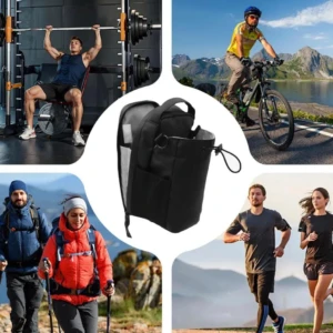 Bolso magnético negro para gimnasio, con compartimento principal y bolsillo lateral, diseñado para llevar llaves, teléfono y accesorios durante entrenamiento.