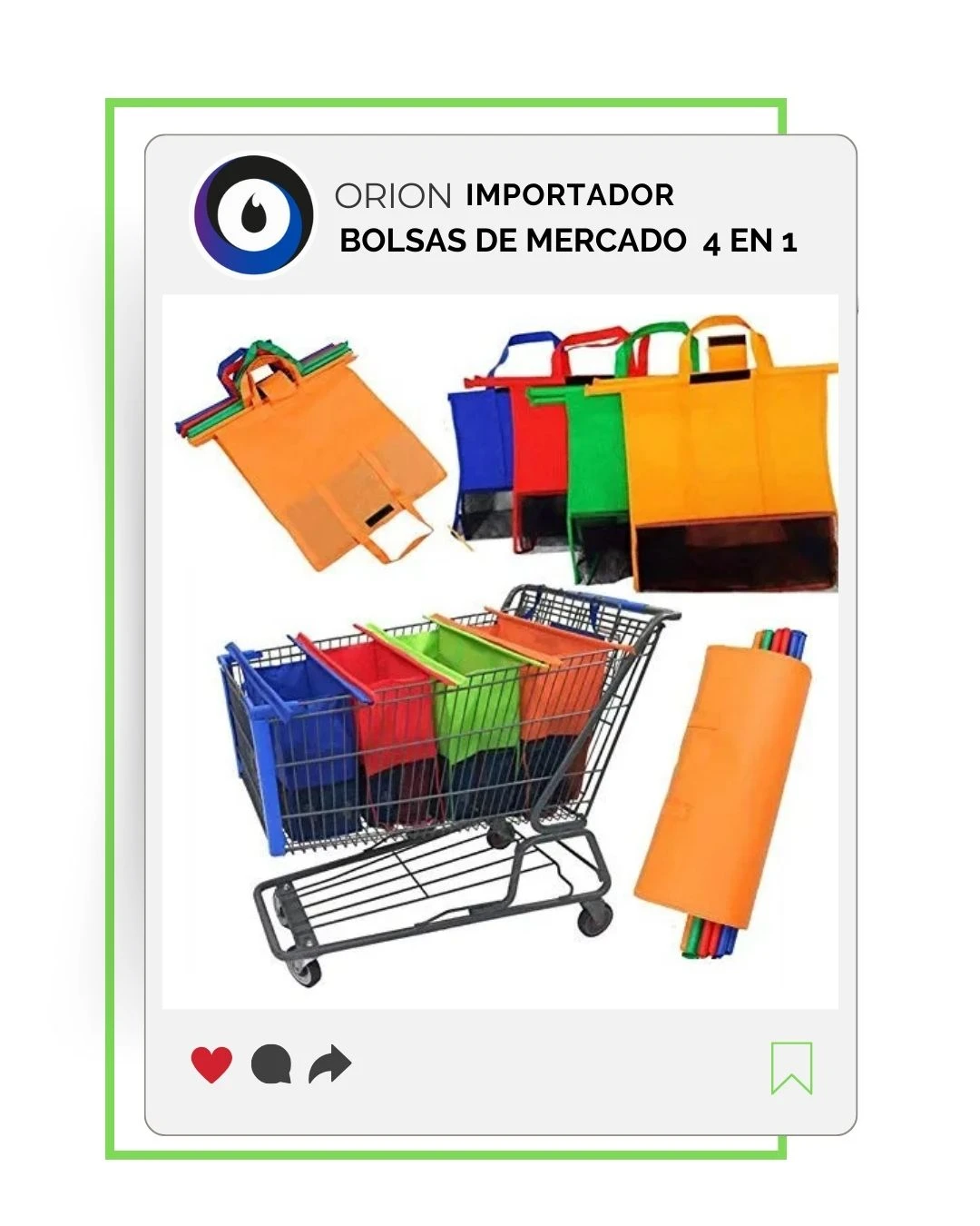 Set de cuatro bolsas térmicas con clips en colores naranja, azul, rojo y verde, mostrando su uso en carrito de compras y enrolladas para almacenamiento compacto.