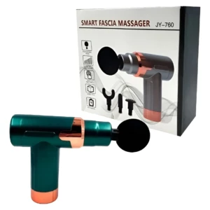 Pistola de masaje portátil en color verde con detalles en cobre, mostrando accesorio redondo negro y caja con del producto y sus piezas incluidas.
