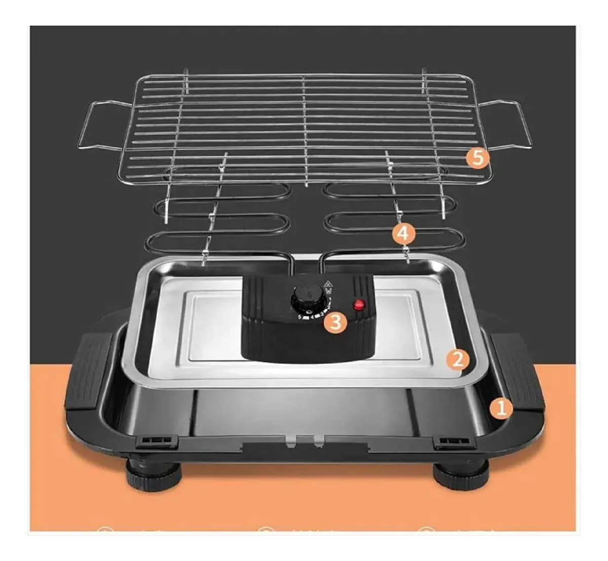 Parrillera eléctrica compacta con base negra, bandeja metálica, rejilla superior y controles en panel central.