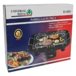Parrillera eléctrica Royal modelo IU-A5D1, color negro con rejilla metálica y alimentos cocinados sobre ella, mostrada en caja frontal con de plato de carne y verduras.