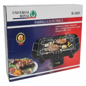 Parrillera eléctrica Royal modelo IU-A5D1, color negro con rejilla metálica y alimentos cocinados sobre ella, mostrada en caja frontal con de plato de carne y verduras.