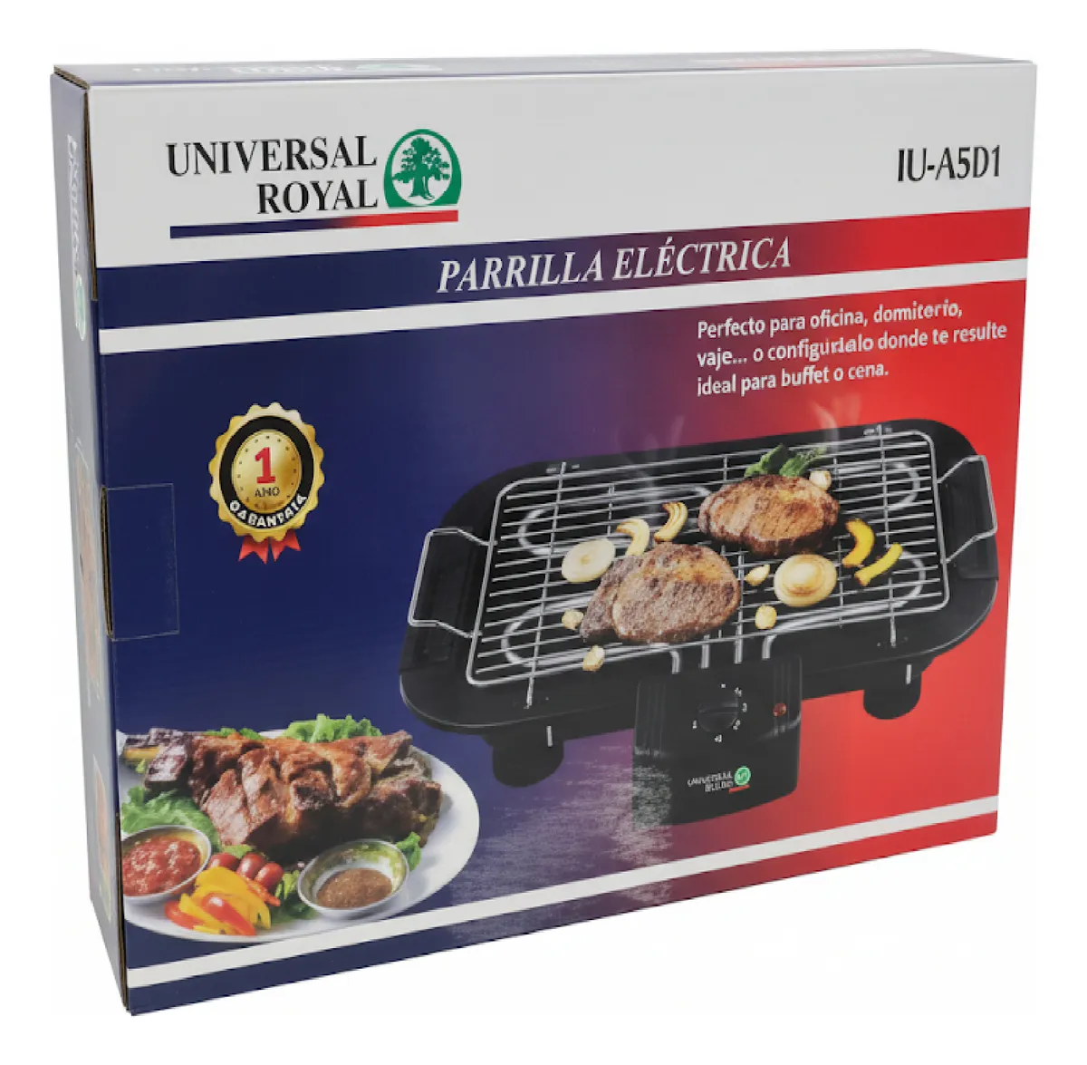 Parrillera eléctrica Royal modelo IU-A5D1, color negro con rejilla metálica y alimentos cocinados sobre ella, mostrada en caja frontal con de plato de carne y verduras.