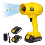 Sopladora inalámbrica amarilla CB-20SE con dos baterías Li-ion de 20V y cargador, mostrando chorro de aire con hojas.