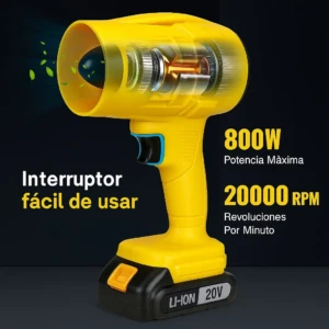 Sopladora inalámbrica amarilla con vista interna del motor, batería Li-ion de 20V y detalles técnicos visibles en fondo oscuro.