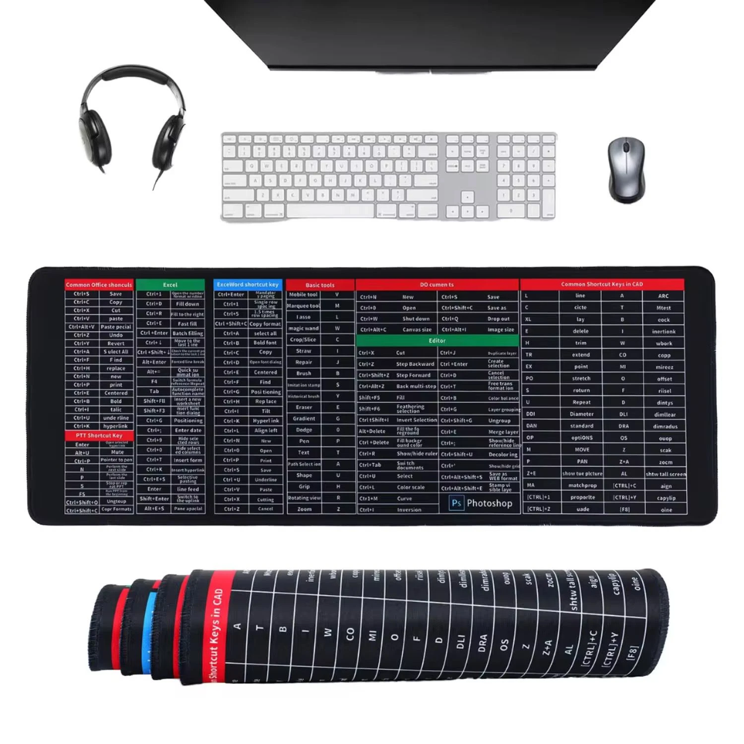 Alfombrilla de escritorio XXL negra con atajos visuales de software, mostrando teclado, mouse y auriculares en contexto de uso.