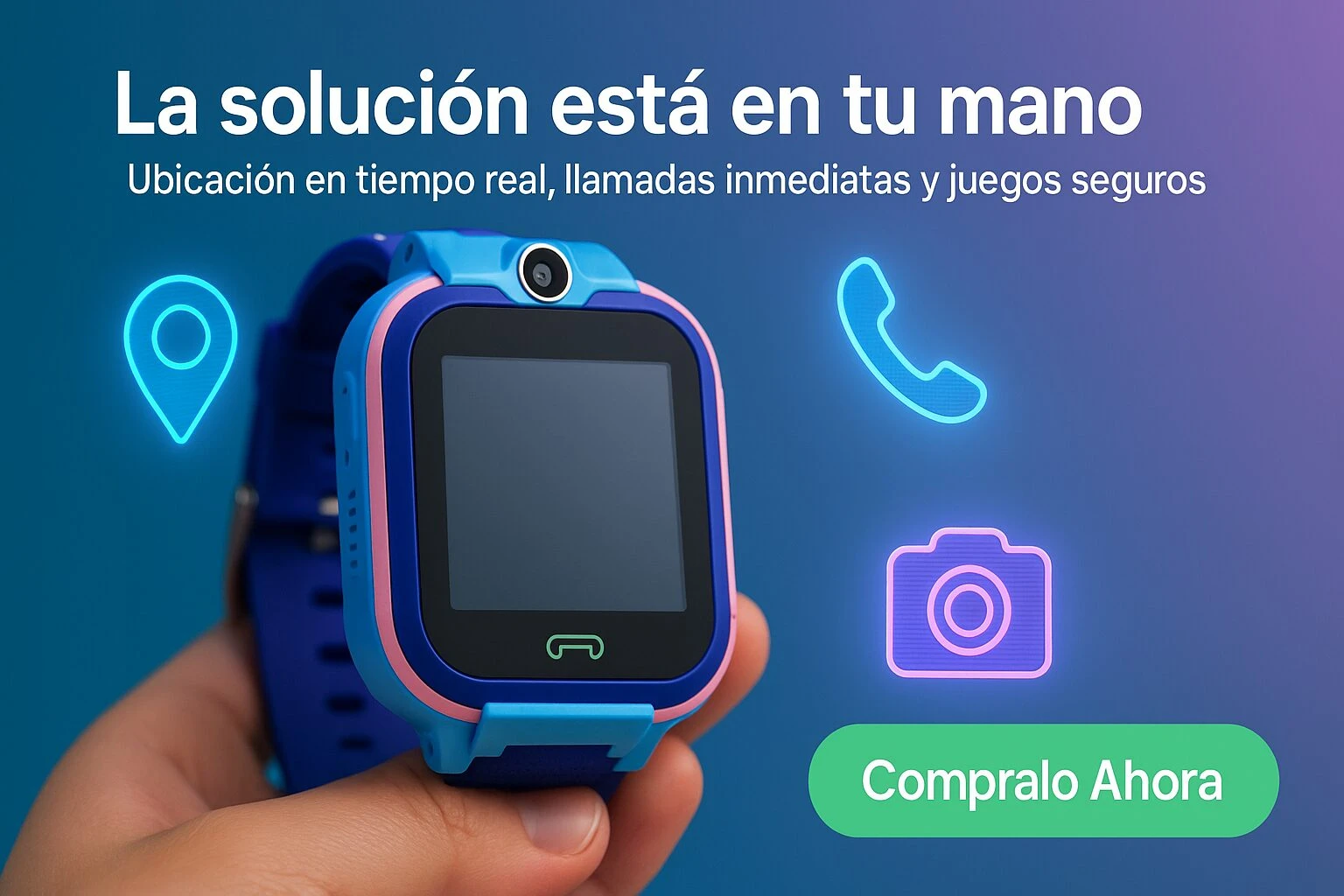 Reloj inteligente Q12 resistente al agua, con pantalla táctil, cámara frontal y correa azul. Muestra ubicación, llamadas y fotos en tiempo real.