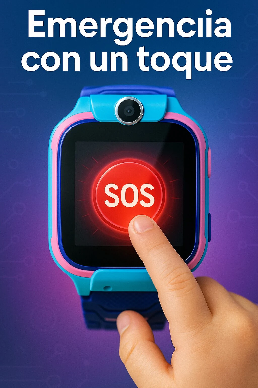 Reloj inteligente Q12 en azul y rosa, con botón SOS rojo visible en pantalla táctil, mostrando función de emergencia para niños.
