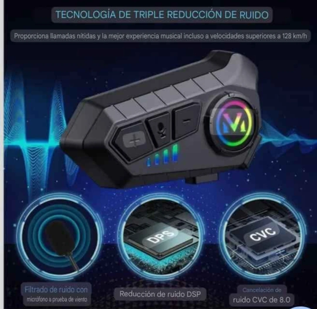 Intercomunicador V10 Bluetooth 5.3 en color negro, con pantalla circular multicolor y botones táctiles, diseñado para uso en moto con tecnología de reducción de ruido.