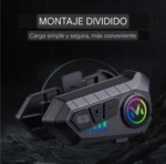 Intercomunicador V10 Bluetooth 5.3 en color negro, con panel de control lateral, luces LED multicolor y display circular RGB.