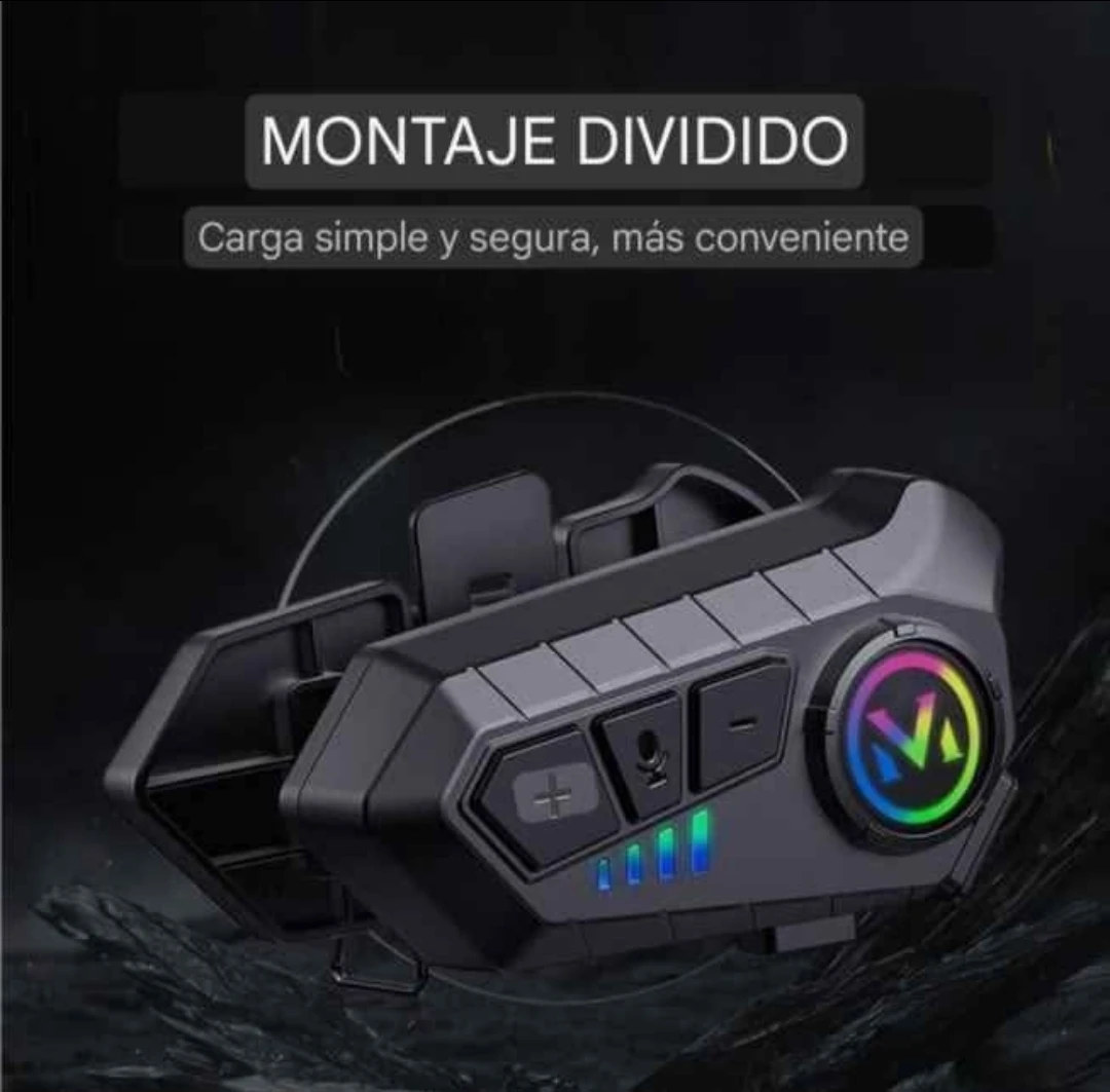 Intercomunicador V10 Bluetooth 5.3 en color negro, con panel de control lateral, luces LED multicolor y display circular RGB.