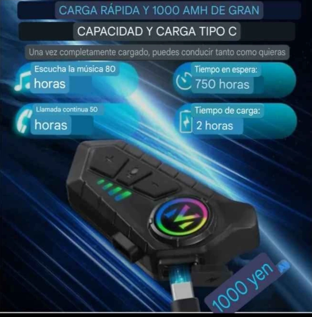 Intercomunicador V10 Bluetooth 5.3 en color negro, con pantalla circular multicolor y luces LED verdes. Muestra especificaciones de batería y carga tipo C.