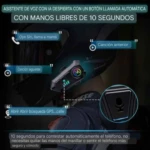 Intercomunicador V10 Bluetooth 5.3 en uso: persona con casco negro, dispositivo gris con pantalla LED multicolor y botón táctil, mostrando funciones de voz, música y GPS.