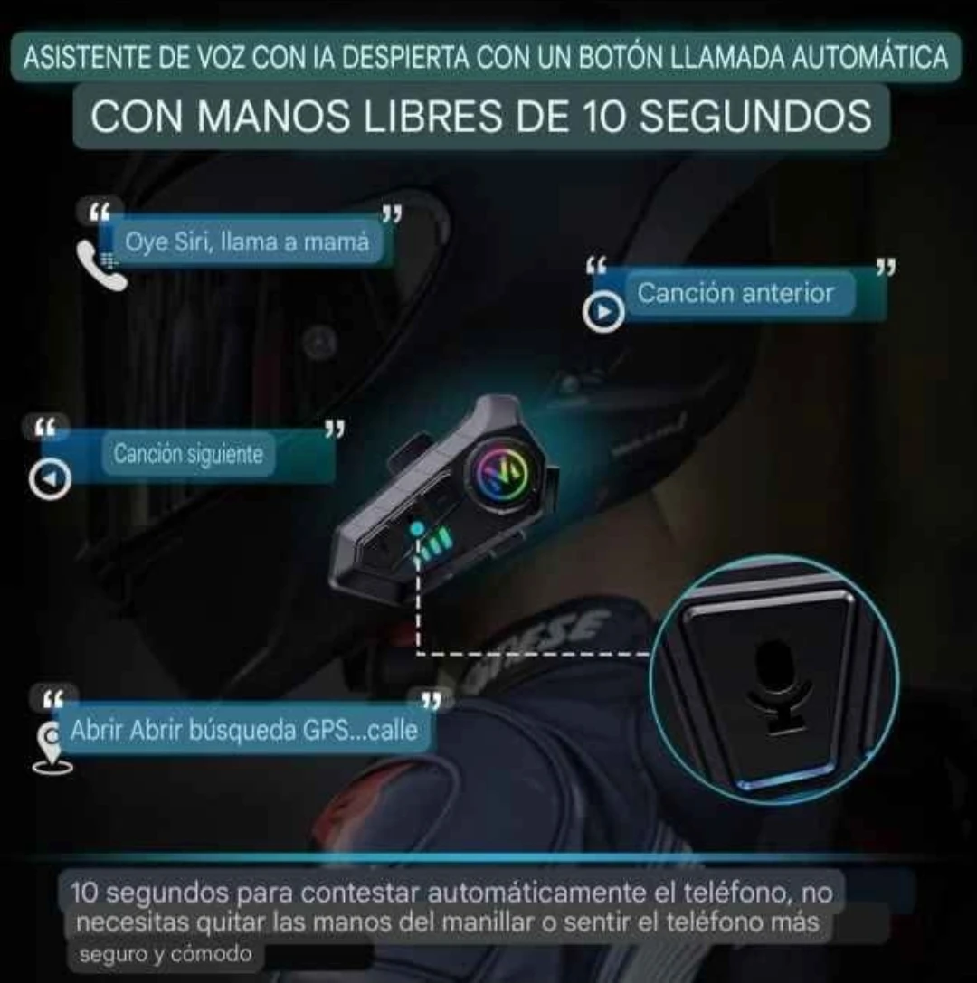 Intercomunicador V10 Bluetooth 5.3 en uso: persona con casco negro, dispositivo gris con pantalla LED multicolor y botón táctil, mostrando funciones de voz, música y GPS.