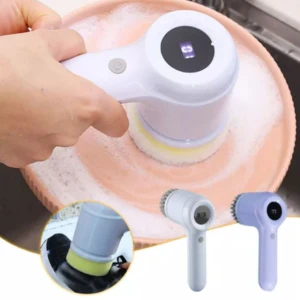 Cepillo eléctrico inalámbrico blanco con base giratoria y pantalla LED, en uso sobre plato con espuma; incluye variante azul y detalle de limpieza en superficie oscura.