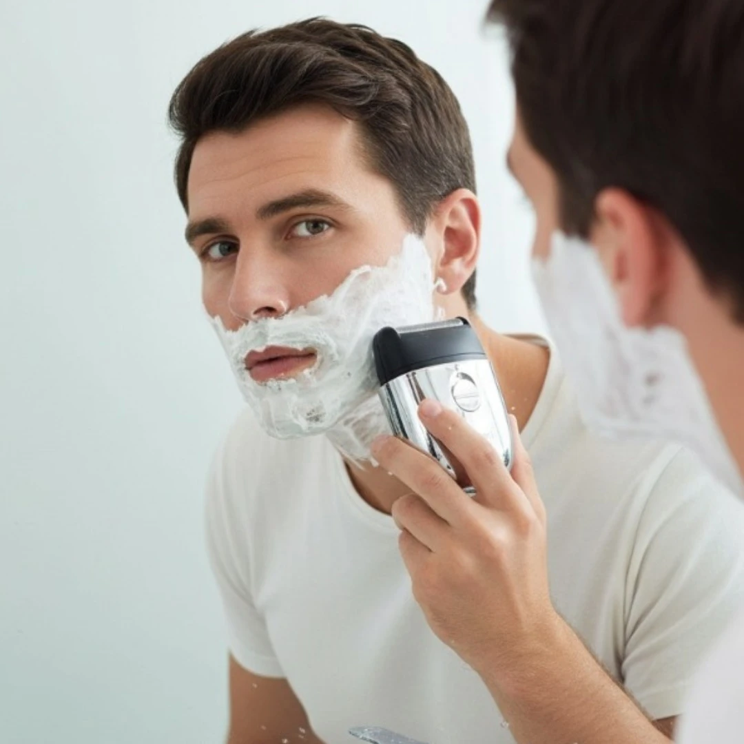 Hombre usando afeitadora eléctrica Kemei C-50 dorada inalámbrica sobre barba con espuma, frente al espejo.