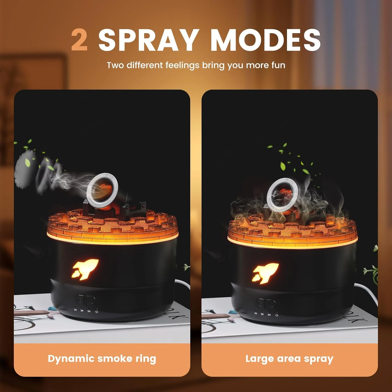 Humificador difusor negro con luces LED anaranjadas, mostrando dos modos de nebulización: anillo de humo dinámico y spray de gran área.