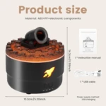 Humificador torre negro con luces LED y temporizador, mostrando dimensiones de 13,2 cm de ancho por 14,2 cm de alto, junto a manual y cable USB.