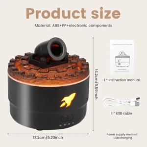 Humificador torre negro con luces LED y temporizador, mostrando dimensiones de 13,2 cm de ancho por 14,2 cm de alto, junto a manual y cable USB.