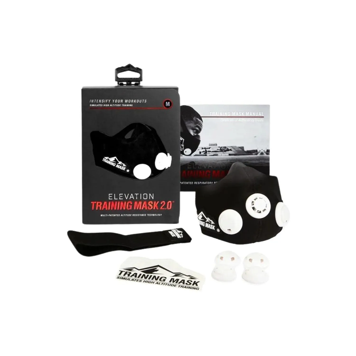 Máscara negra de entrenamiento con filtros blancos, banda elástica y accesorios incluidos, presentada junto a su empaque.
