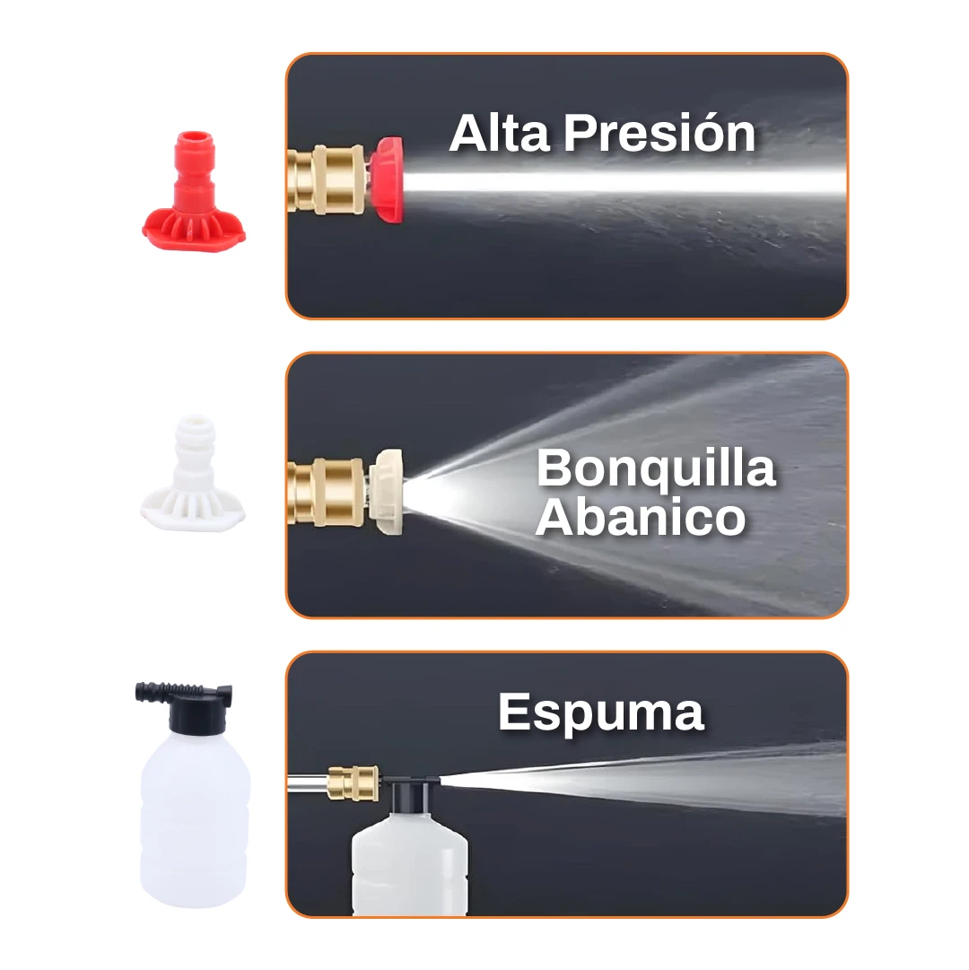 Hidrolavadora Makita 48V con tres boquillas: rociadora de alta presión, abanico y espuma, mostrando cada modo de uso en paneles separados.