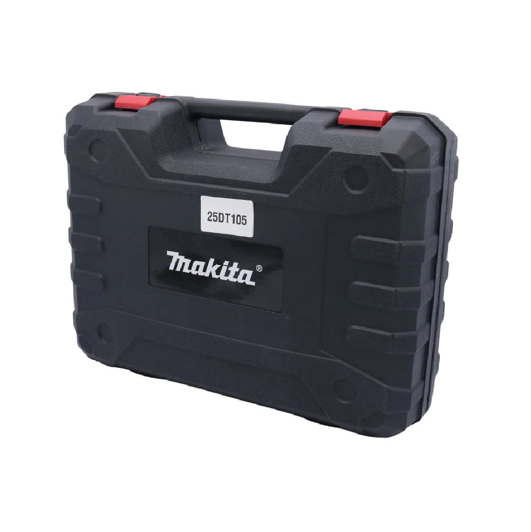 Caja de transporte negra con asas rojas y logotipo Makita, modelo 25DT105, para hidrolavadora inalámbrica de 48V.
