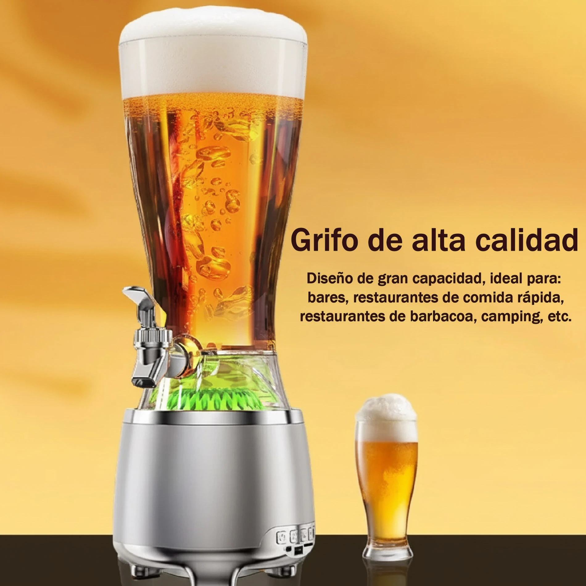 Torre servidora de cerveza de 2.5 litros con dispensador metálico, base plateada y luces LED verdes visibles; incluye vaso de cerveza servida junto al equipo.