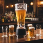 Torre Jirafa Cerveza 2.5L con parlante Bluetooth y luces LED, sirviendo cerveza fría en vaso alto sobre barra de madera, rodeada de copas llenas y vacías, fondo de bodega con botellas y luces cálidas.