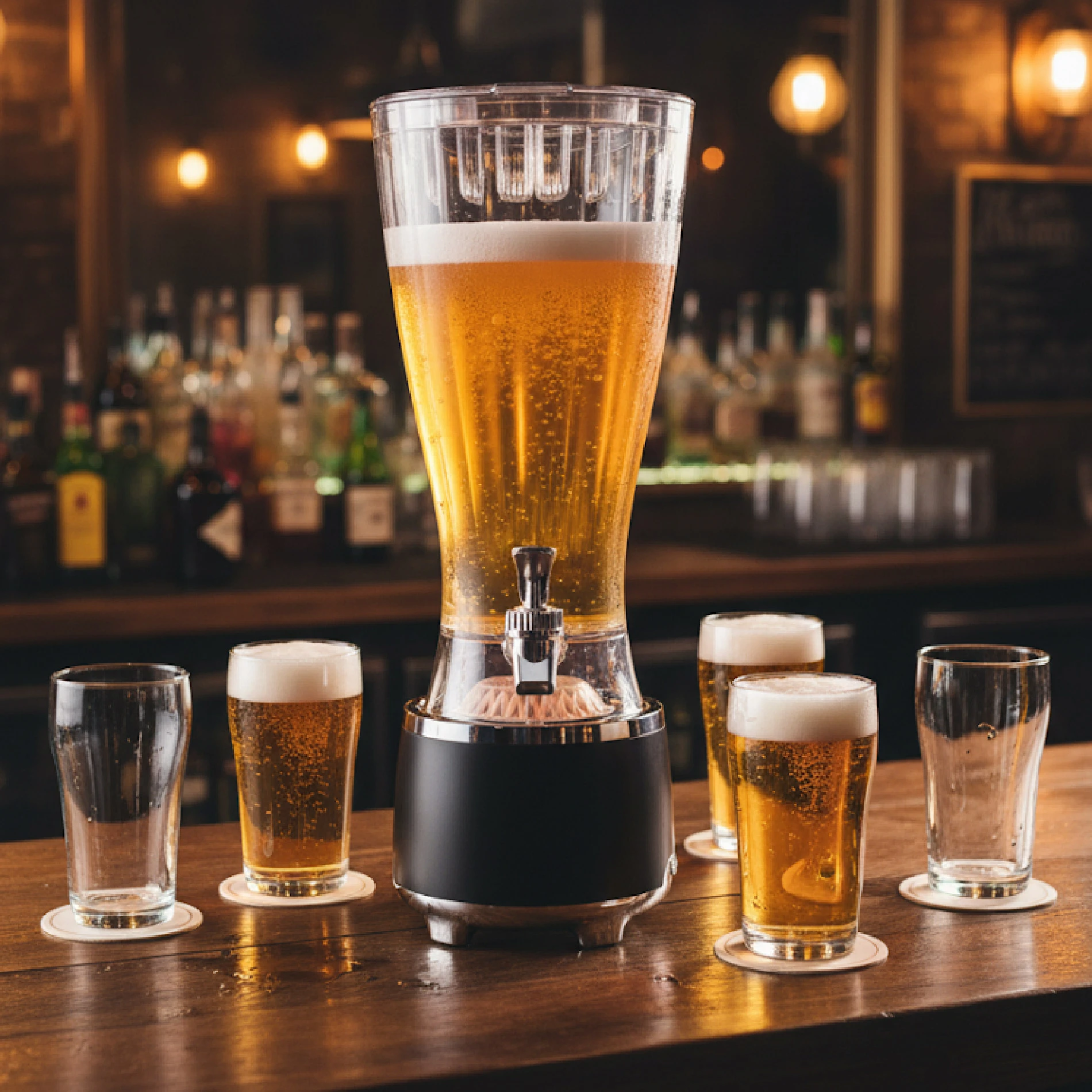 Torre Jirafa Cerveza 2.5L con parlante Bluetooth y luces LED, sirviendo cerveza fría en vaso alto sobre barra de madera, rodeada de copas llenas y vacías, fondo de bodega con botellas y luces cálidas.