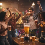 Torre servidora de cerveza con parlante Bluetooth y luces LED, en fiesta con amigos brindando y bailando alrededor de la mesa.