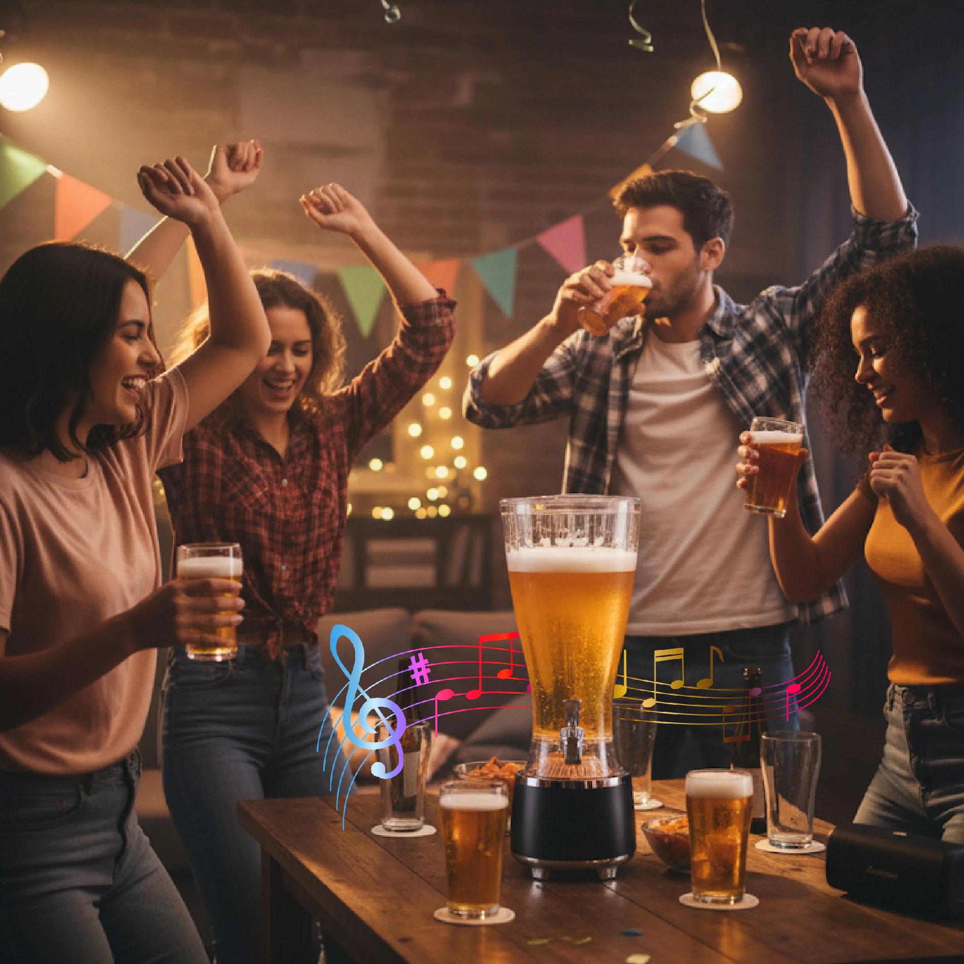 Torre servidora de cerveza con parlante Bluetooth y luces LED, en fiesta con amigos brindando y bailando alrededor de la mesa.