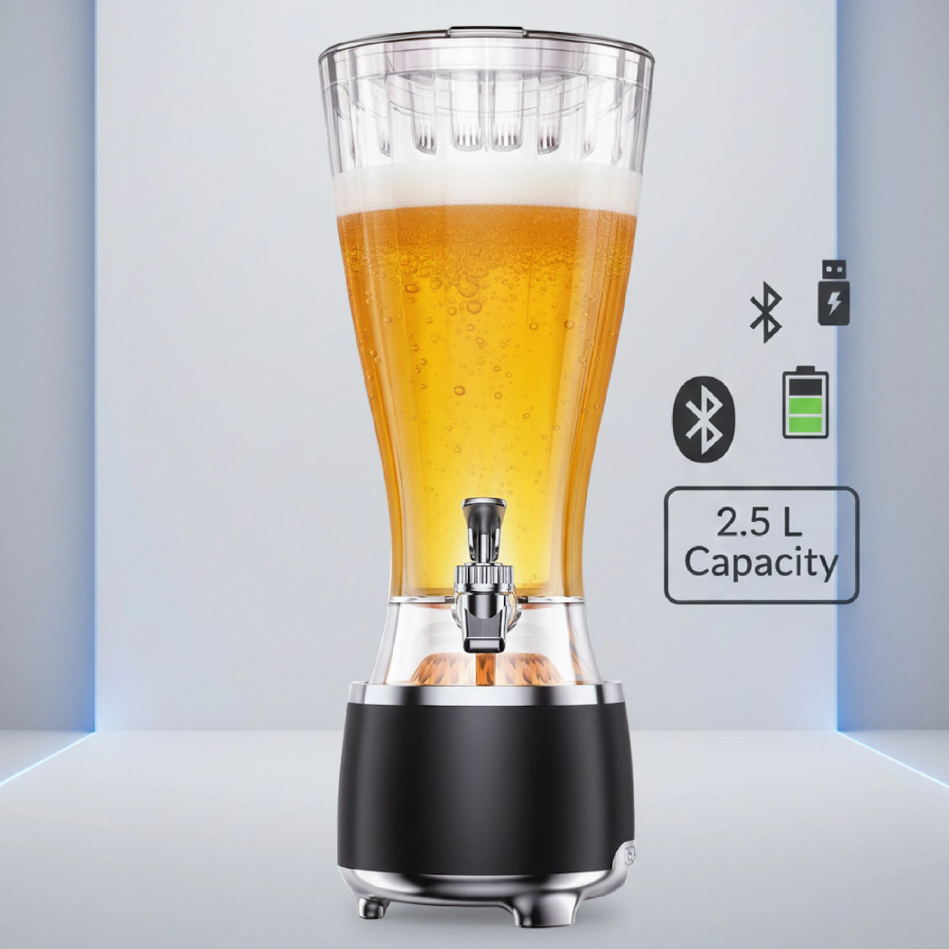 Torre servidora de cerveza de 2.5 litros con dispensador metálico, base negra y vidrio transparente, mostrando líquido dorado con espuma. Incluye iconos de Bluetooth y batería.