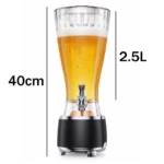 Torre servidora de cerveza 2.5L con dispensador metálico, base negra y luces LED, mostrando líquido dorado con espuma y dimensiones de 40 cm de altura.