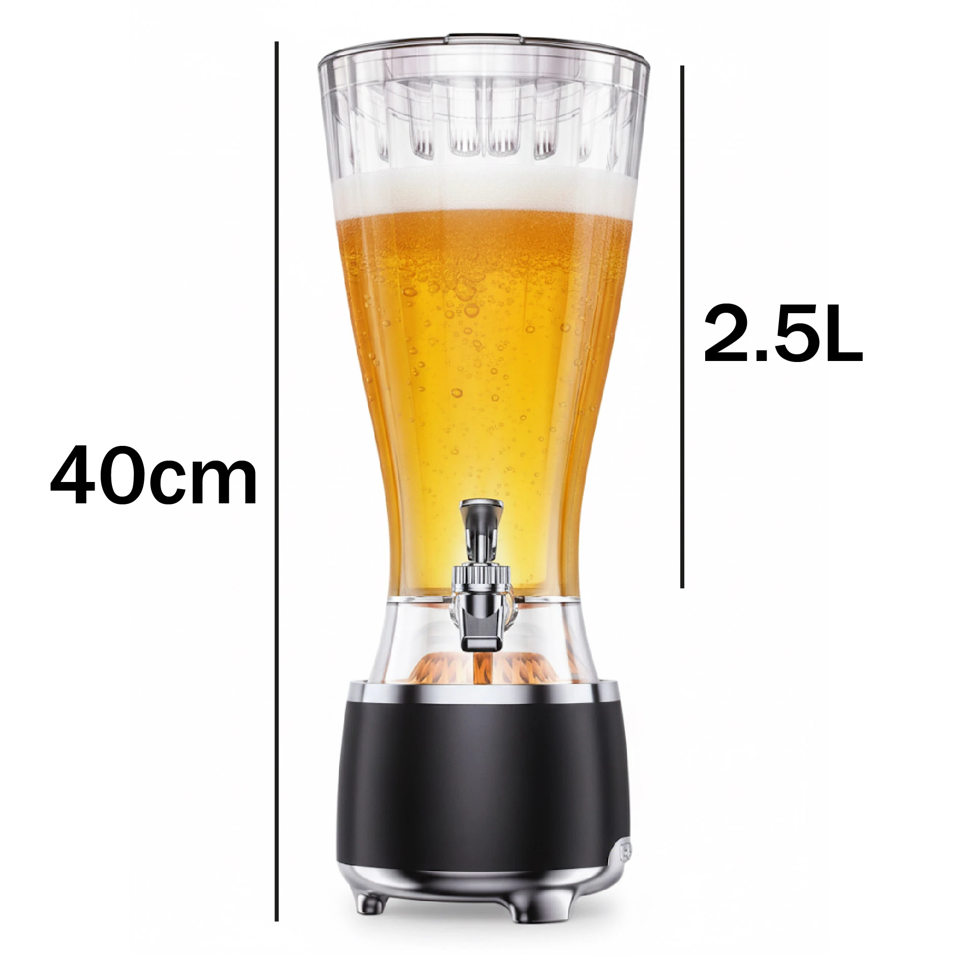 Torre servidora de cerveza 2.5L con dispensador metálico, base negra y luces LED, mostrando líquido dorado con espuma y dimensiones de 40 cm de altura.