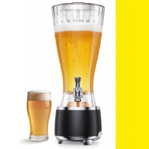 Torre de cerveza Jirafa de 2.5 litros con dispensador metálico, base negra y vidrio transparente lleno de bebida dorada con espuma; incluye vaso servido al lado.