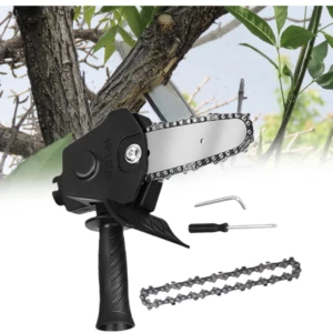 Adaptador negro para taladro con cadena de corte, guarda de seguridad y accesorios incluidos; ideal para cortar ramas y madera.