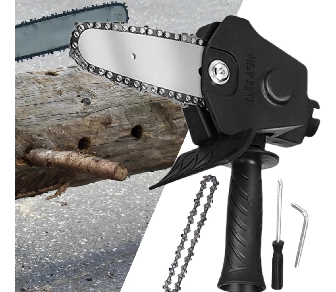 Adaptador negro para taladro con cadena de sierra, guarda de seguridad y accesorios incluidos, cortando madera en superficie.