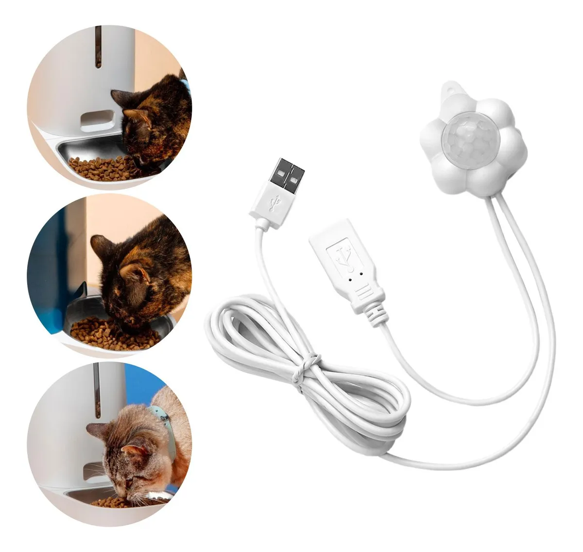 Sensor LED recargable en forma de flor blanca para collar de gato, con cable USB y tres ejemplos de uso nocturno.