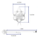 Sensor LED recargable para collar de gato, color blanco, con forma de flor y dimensiones de 4.3 cm de ancho por 5.2 cm de alto; incluye cable USB de 1.8 m y conector de 19.6 cm.