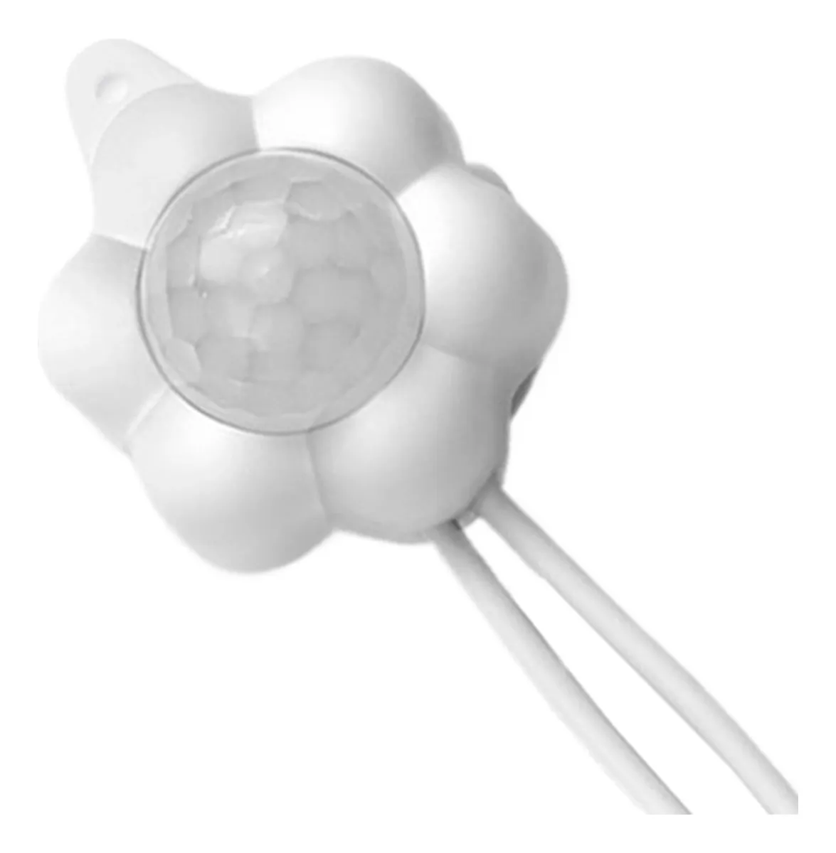 Sensor LED recargable para collar de gato en forma de flor blanca con centro translúcido y dos tiras elásticas para ajuste.