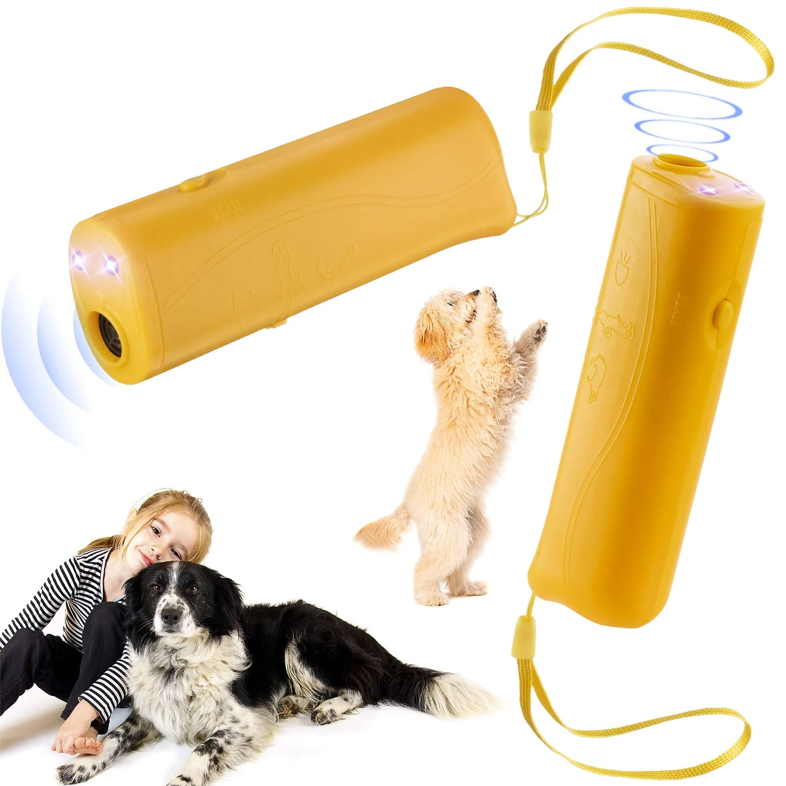 Entrenador canino ultrasonido amarillo, con luz LED y correa, mostrando dos unidades y uso con perro y niña.