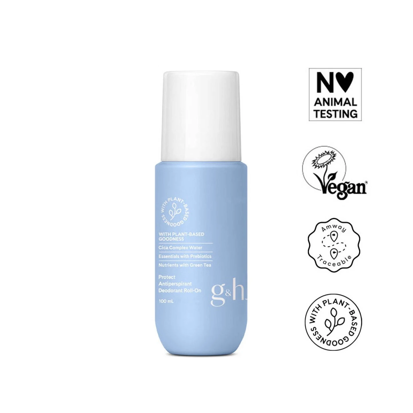 Desodorante roll-on de Amway en envase azul claro con tapa blanca, incluye sellos de certificación vegano, sin pruebas en animales y con ingredientes de origen vegetal.